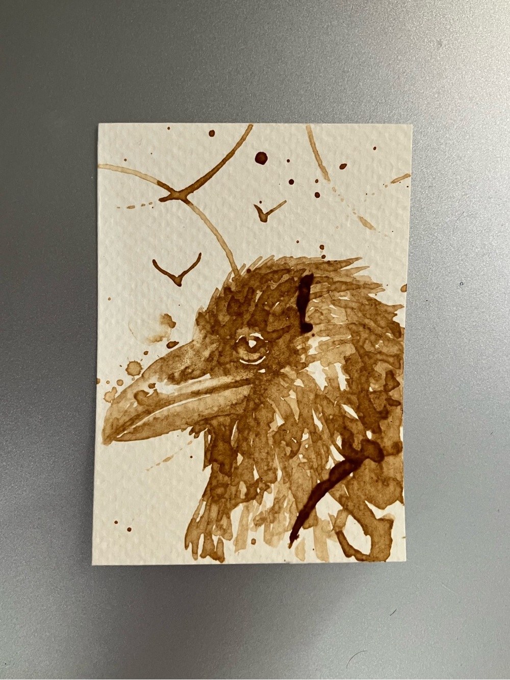 ORIGINAL coffee crow painting raven art miniature realism artwork ACEO USA